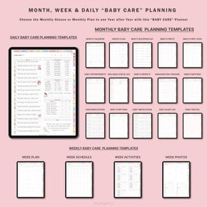 May include: A digital planner with templates for organizing baby care. The planner includes daily, weekly, and monthly templates for tracking baby's feeding, sleep, growth, appointments, and more. The planner is designed to help parents stay organized and on top of their baby's needs.