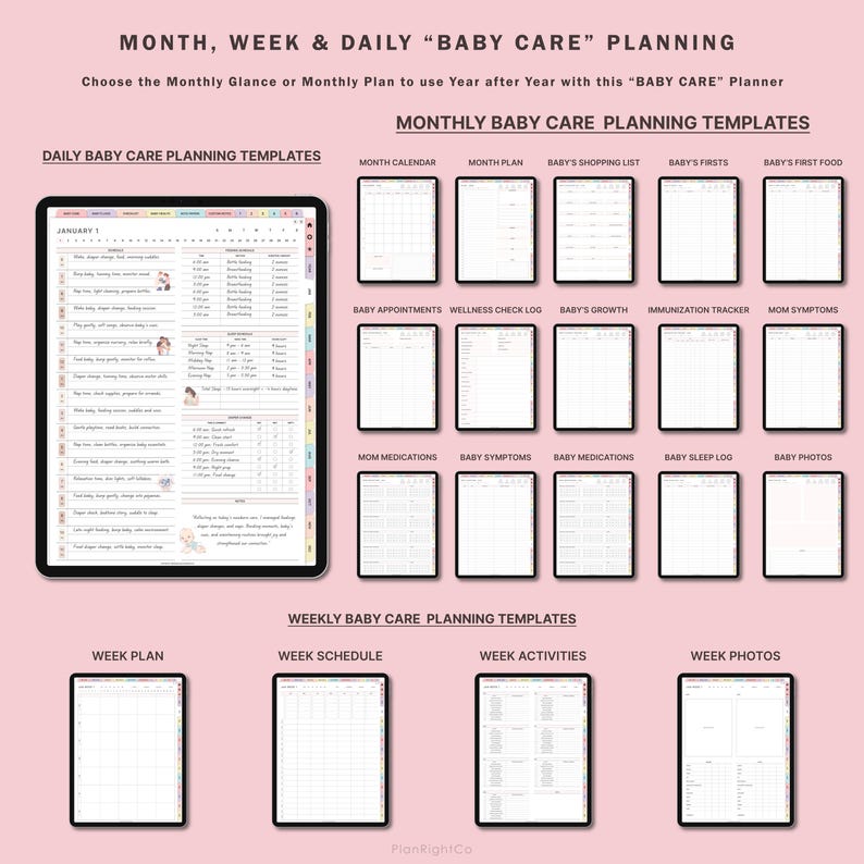 May include: A digital planner with templates for organizing baby care. The planner includes daily, weekly, and monthly templates for tracking baby's feeding, sleep, growth, appointments, and more. The planner is designed to help parents stay organized and on top of their baby's needs.