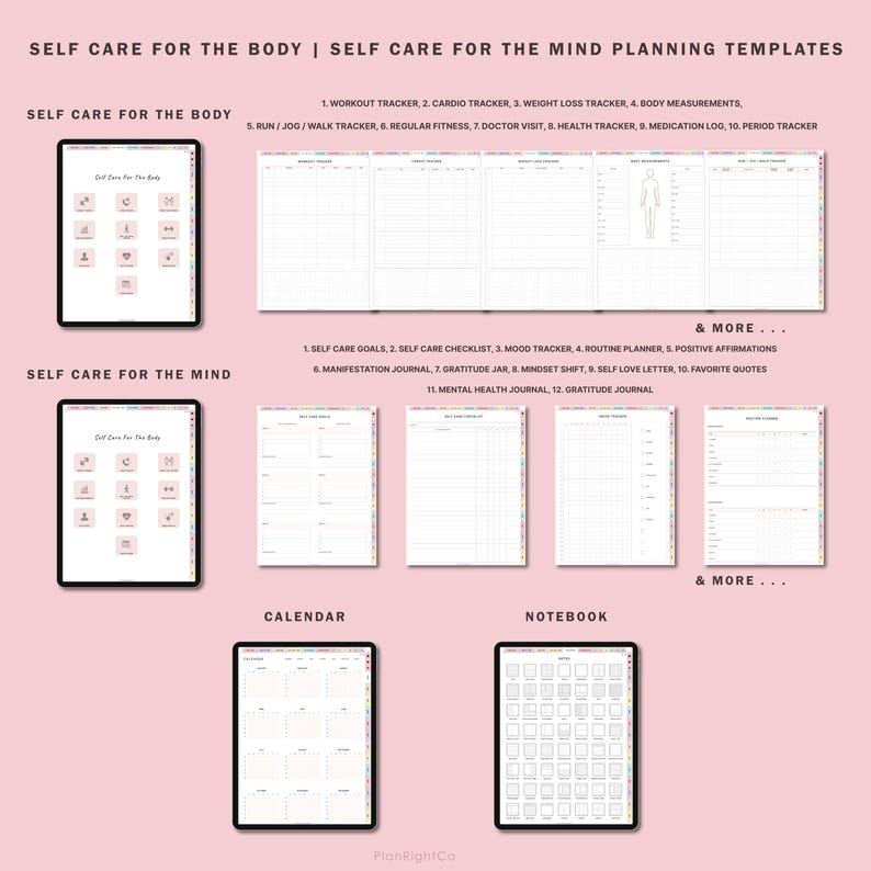 May include: Digital planning templates for self-care, including workout, cardio, and weight loss trackers, plus mood and gratitude journals. The image shows a variety of templates for body and mind, with a calendar and notebook layout.