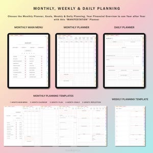 Op de afbeelding: Een digitale planner met een maandelijkse, wekelijkse en dagelijkse lay-out. De planner bevat secties voor doelen, reflectie en financi&euml;le planning. De planner is ontworpen om gebruikers te helpen hun doelen te manifesteren.