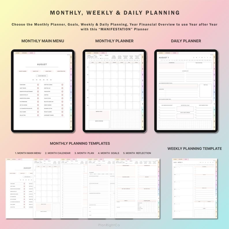 Op de afbeelding: Een digitale planner met een maandelijkse, wekelijkse en dagelijkse lay-out. De planner bevat secties voor doelen, reflectie en financi&euml;le planning. De planner is ontworpen om gebruikers te helpen hun doelen te manifesteren.