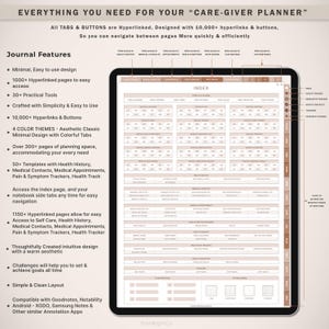 May include: A digital planner for caregiving, featuring a light brown and white color scheme. The planner includes an index page, tabs for different sections, and a variety of trackers for health, medications, and appointments. The planner is compatible with Goodnotes, Notability, XODO, Samsung Notes, and other annotation apps.