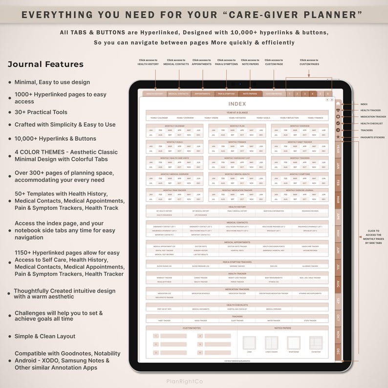 May include: A digital planner for caregiving, featuring a light brown and white color scheme. The planner includes an index page, tabs for different sections, and a variety of trackers for health, medications, and appointments. The planner is compatible with Goodnotes, Notability, XODO, Samsung Notes, and other annotation apps.