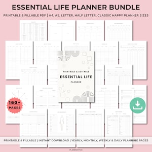Könnte beinhalten: Ein digitales Planer-Bundle mit über 160 Seiten, einschließlich Jahres-, Monats-, Wochen- und Tagesplanungsseiten. Das Cover zeigt den Text "Essential Life Planner" mit einem minimalistischen Design. Druckbar und ausfüllbar im PDF-Format.