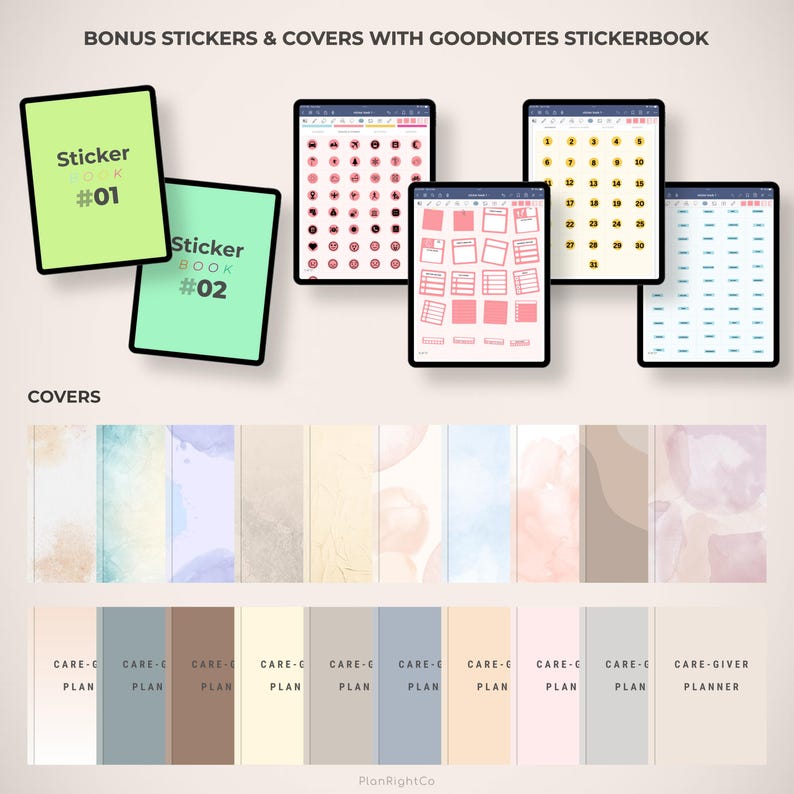 May include: Two digital sticker books for Goodnotes, with a green and a pink cover, and the text "Sticker Book #01" and "Sticker Book #02".  The image also shows 10 different digital paper covers for Goodnotes, with a variety of colors and textures.