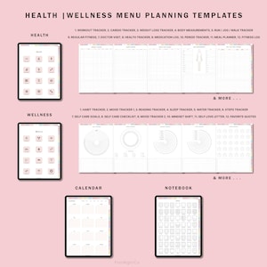 May include: A digital planner template with a pink background and a white grid. The template is divided into four sections: Health, Wellness, Calendar, and Notebook. Each section has a list of printable trackers and logs, including workout tracker, mood tracker, sleep tracker, and more.