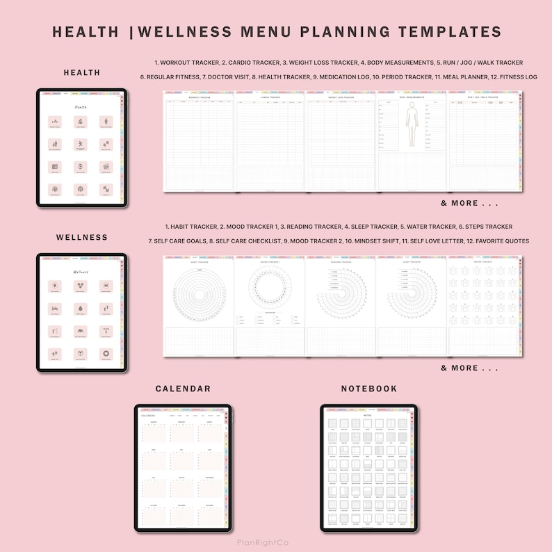 May include: A digital planner template with a pink background and a white grid. The template is divided into four sections: Health, Wellness, Calendar, and Notebook. Each section has a list of printable trackers and logs, including workout tracker, mood tracker, sleep tracker, and more.