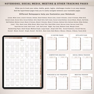 May include: A digital planner featuring a range of notepaper templates for organising notes, habits, goals, and more. The templates include lined, dotted, grid, and Cornell note styles. The planner also includes pages for tracking social media, meetings, and affiliate plans.