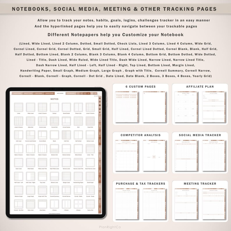 May include: A digital planner featuring a range of notepaper templates for organising notes, habits, goals, and more. The templates include lined, dotted, grid, and Cornell note styles. The planner also includes pages for tracking social media, meetings, and affiliate plans.