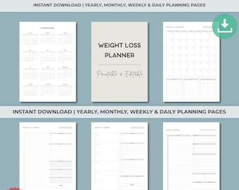Weight Loss Planner Printable | Weight Loss Tracker Journal | Fitness Workout Meal Planner | Calorie Habit Water Tracker | Weight Loss Plan