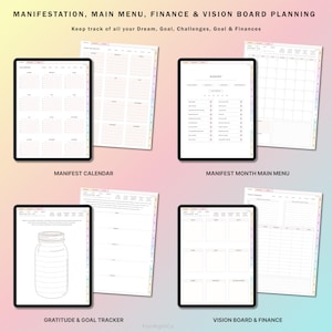 Op de afbeelding: Een digitale planner met een regenboogkleurige achtergrond. De planner bevat pagina's voor een kalender, maandelijkse doelen, een vision board en het bijhouden van financi&euml;n. De tekst "MANIFESTATION, MAIN MENU, FINANCE & VISION BOARD PLANNING" staat bovenaan de pagina.