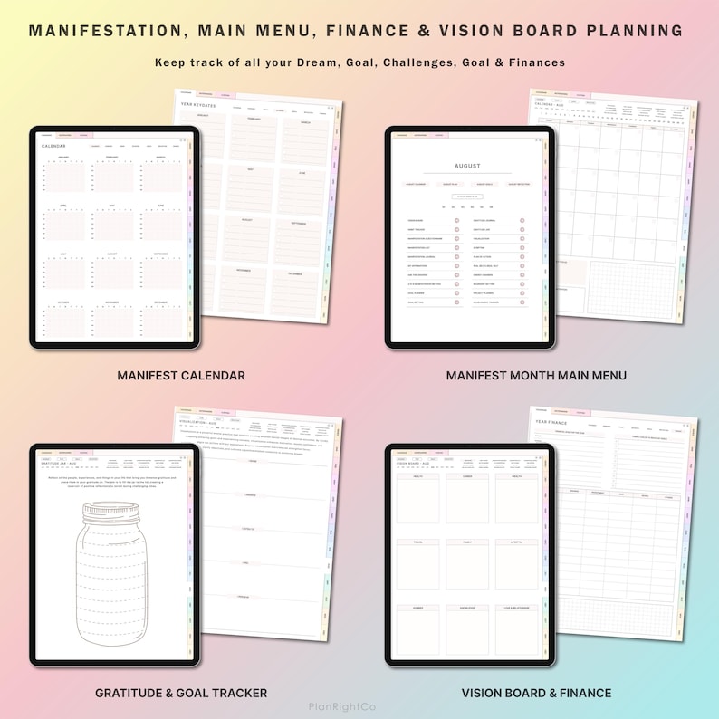 Op de afbeelding: Een digitale planner met een regenboogkleurige achtergrond. De planner bevat pagina's voor een kalender, maandelijkse doelen, een vision board en het bijhouden van financi&euml;n. De tekst "MANIFESTATION, MAIN MENU, FINANCE & VISION BOARD PLANNING" staat bovenaan de pagina.