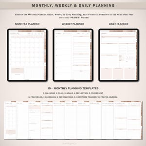 May include: A digital planner with 10 monthly planning templates, including a calendar, plan, goals, reflection, prayer list, prayer log, blessings, affirmations, gratitude tracker, and prayer journal. The planner has a brown and white color scheme.