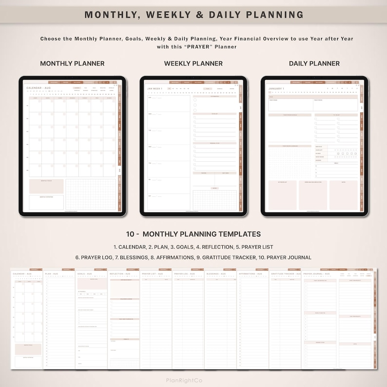 May include: A digital planner with 10 monthly planning templates, including a calendar, plan, goals, reflection, prayer list, prayer log, blessings, affirmations, gratitude tracker, and prayer journal. The planner has a brown and white color scheme.