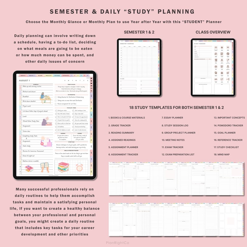 May include: A pink and white printable planner with the text "Semester & Daily "Study" Planning" and "18 Study Templates for Both Semester 1 & 2". The planner includes sections for books and course materials, grade tracker, reading summary, assigned readings, assignment planner, assignment tracker, essay planner, study session log, group project planner, meeting notes, exam tracker, exam preparation list, important concepts, pomodoro tracker, goal planner, reference tracker, study checklist, and mind map.