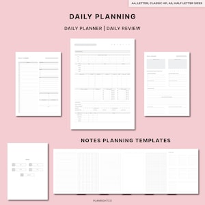 May include: A collection of white daily planning templates with the text "DAILY PLANNING" and "DAILY PLANNER | DAILY REVIEW". The templates include a daily planner, daily review, and notes planning templates. The text "PLANRIGHTCO" is at the bottom.