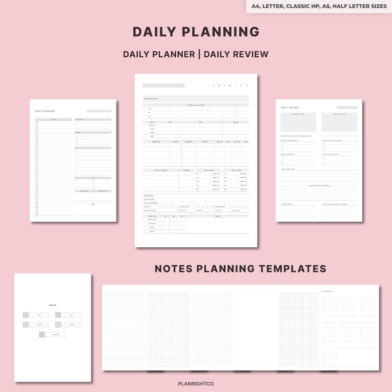 May include: A collection of white daily planning templates with the text "DAILY PLANNING" and "DAILY PLANNER | DAILY REVIEW". The templates include a daily planner, daily review, and notes planning templates. The text "PLANRIGHTCO" is at the bottom.