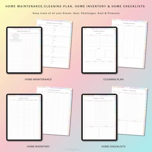 May include: A set of printable home organization checklists and trackers. The checklists include home maintenance, cleaning plan, home inventory, and home checklists. The checklists are designed to help you keep track of your home and finances.