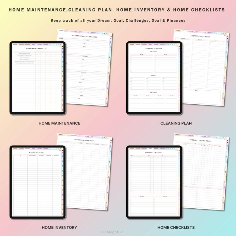 May include: A set of printable home organization checklists and trackers. The checklists include home maintenance, cleaning plan, home inventory, and home checklists. The checklists are designed to help you keep track of your home and finances.