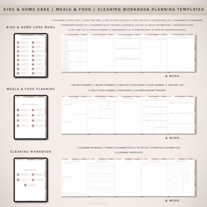 Op de afbeelding: Digitale planning templates voor kinderen, thuiszorg, maaltijden en schoonmaak. De afbeelding toont drie tablets met verschillende planningspagina's, waaronder takenlijsten, maaltijdplanners en schoonmaakschema's. De tekst bevat een lijst met planning templates.