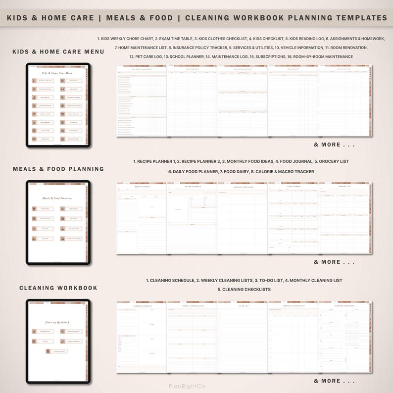 Op de afbeelding: Digitale planning templates voor kinderen, thuiszorg, maaltijden en schoonmaak. De afbeelding toont drie tablets met verschillende planningspagina's, waaronder takenlijsten, maaltijdplanners en schoonmaakschema's. De tekst bevat een lijst met planning templates.