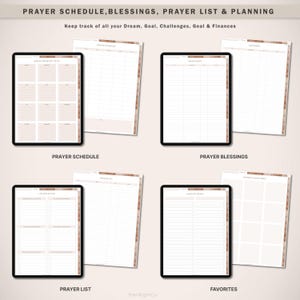 May include: Printable digital planner pages for prayer scheduling, blessings, prayer list, and planning. The pages are designed with a light brown and white color scheme and have a modern, minimalist aesthetic.