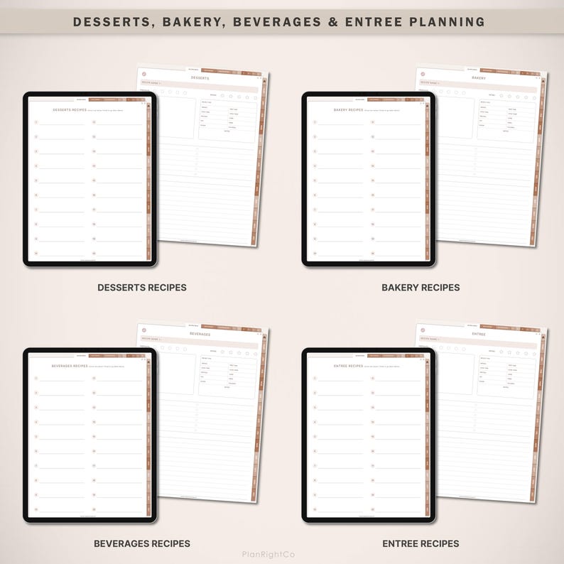 May include: Four digital tablet screens displaying a printable planner for desserts, bakery, beverages, and entree recipes. Each screen has a white background with brown lines and a title at the bottom.