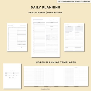 May include: A collection of white daily planning templates, including daily planner, daily review, and notes planning templates. The text "DAILY PLANNING" and "NOTES PLANNING TEMPLATES" are displayed at the top. The templates are available in A4, Letter, Classic HP, A5, and Half Letter sizes.
