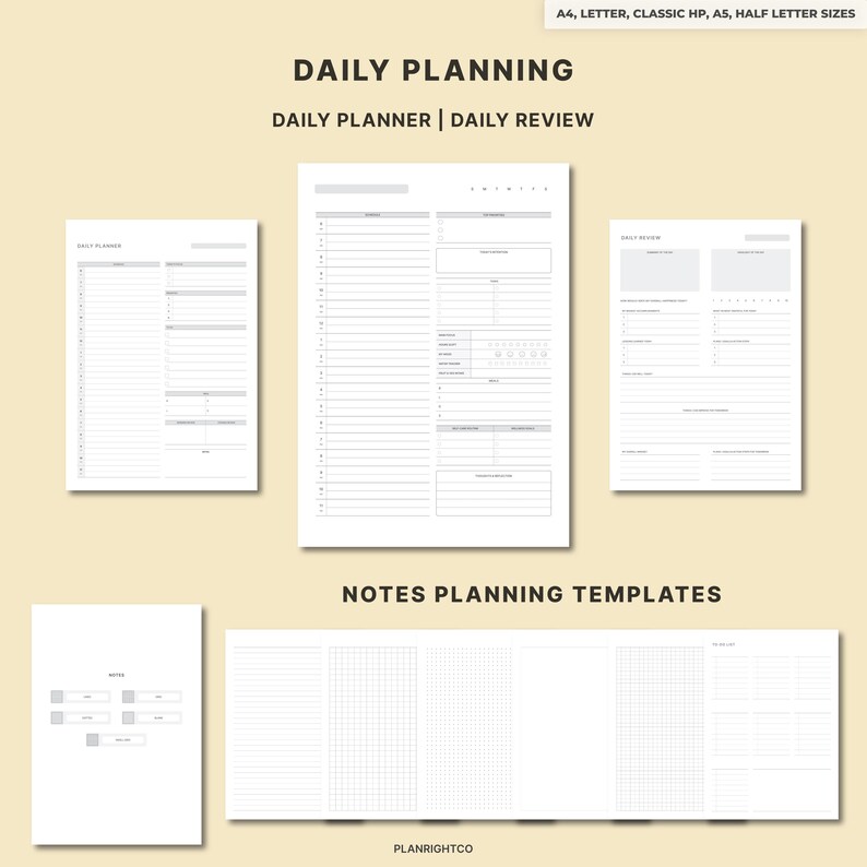 May include: A collection of white daily planning templates, including daily planner, daily review, and notes planning templates. The text "DAILY PLANNING" and "NOTES PLANNING TEMPLATES" are displayed at the top. The templates are available in A4, Letter, Classic HP, A5, and Half Letter sizes.