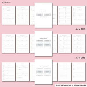May include: A collection of printable medical planner pages in various sizes, including A4, Letter, Classic HP, A5, and Half Letter. The pages are white with gray text and include sections for health history, medical contacts, and appointments. The words "& MORE" are also visible.