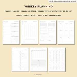 May include: A collection of printable weekly planning templates in various sizes. The templates include sections for weekly planning, schedule, reflection, to-do list, fitness, meal plan, and intake. The text "WEEKLY PLANNING" is at the top.