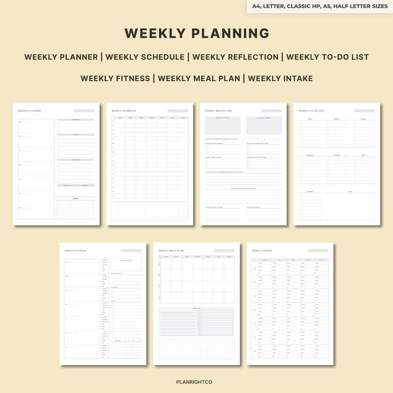 May include: A collection of printable weekly planning templates in various sizes. The templates include sections for weekly planning, schedule, reflection, to-do list, fitness, meal plan, and intake. The text "WEEKLY PLANNING" is at the top.