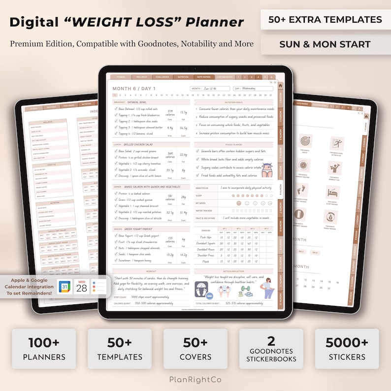 May include: Digital "WEIGHT LOSS" Planner with 50+ extra templates, compatible with Goodnotes, Notability and more. The planner features a monthly calendar, meal planning sections, and workout tracking. It also includes 100+ planners, 50+ templates, 50+ covers, 2 Goodnotes stickerbooks, and 5000+ stickers.