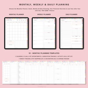 May include: Printable monthly, weekly, and daily planner templates for pet care. Includes a calendar, plan, pet appointments, medication tracker, activity log, pet vet, weight tracker, pet shopping list, vaccination log, and expense tracker.