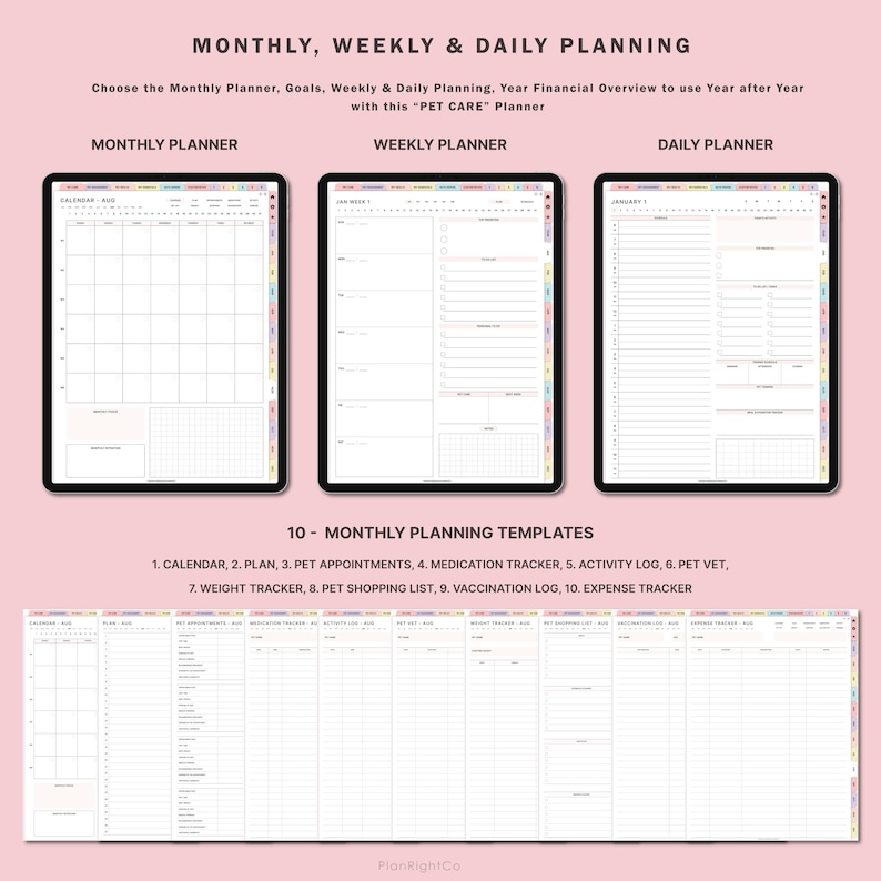 May include: Printable monthly, weekly, and daily planner templates for pet care. Includes a calendar, plan, pet appointments, medication tracker, activity log, pet vet, weight tracker, pet shopping list, vaccination log, and expense tracker.