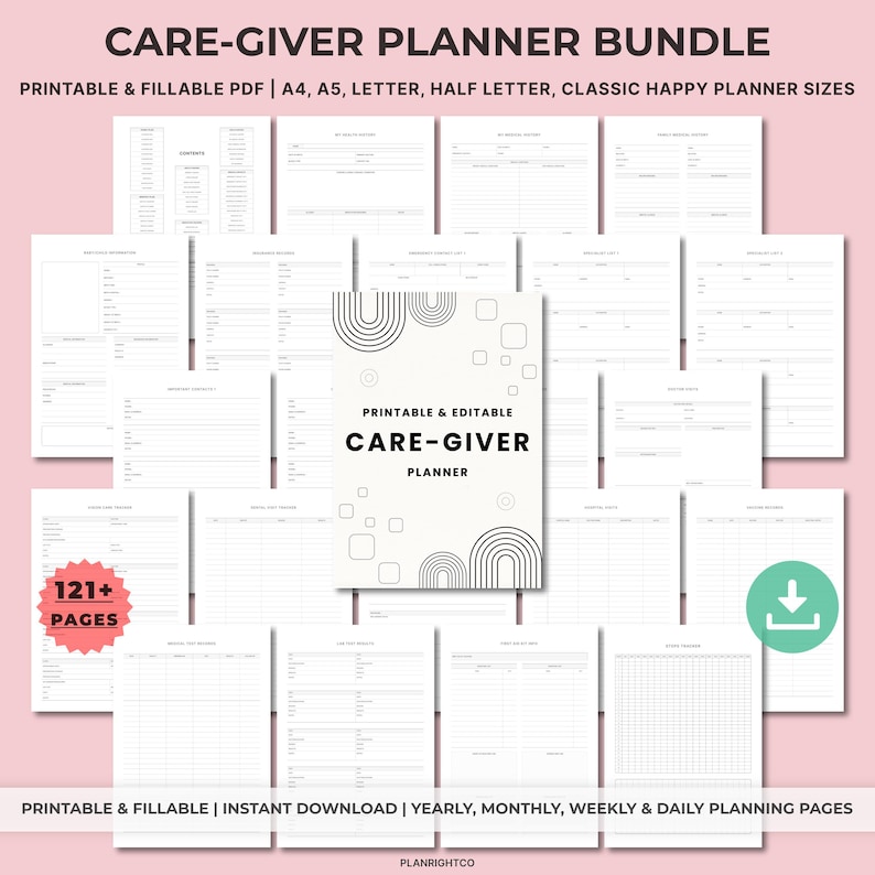 May include: A care-giver planner bundle with printable and fillable PDF pages. The planner includes yearly, monthly, weekly, and daily planning pages. The planner is available in A4, A5, Letter, Half Letter, and Classic Happy Planner sizes. The planner has 121+ pages.