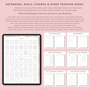 May include: A digital tablet screen displaying a variety of notebook page templates. The templates include different grid styles, lined pages, and graph paper. The text "NOTES" is at the top of the screen. The text "6 CUSTOM PAGES", "ASSIGNMENTS", "STUDY & MIND MAP", "READING & SLEEP TRACKER", "BILL & BUDGET TRACKER", and "CHALLENGES & GOALS" are displayed on the screen.