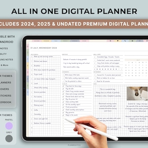 May include: A digital planner app interface on a tablet screen. The app features a calendar, daily schedule, and notes section. The app is designed for use with a stylus. The app is compatible with Goodnotes, Notability, Samsung Notes, and Xodo.