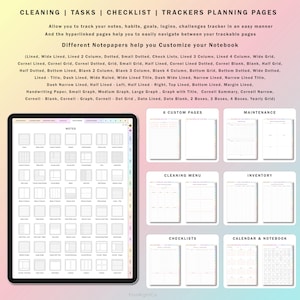 May include: A digital planner with a variety of page layouts for note-taking, checklists, and trackers. The planner includes pages for notes, cleaning, maintenance, inventory, checklists, and a calendar and notebook. The planner is designed to help users organize their tasks and goals.