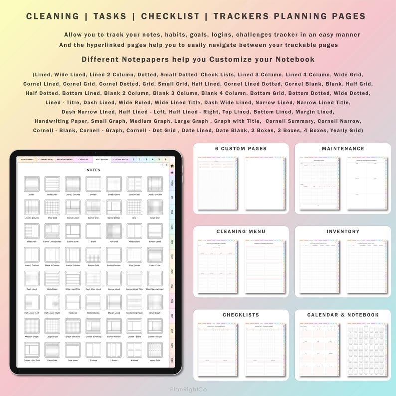 May include: A digital planner with a variety of page layouts for note-taking, checklists, and trackers. The planner includes pages for notes, cleaning, maintenance, inventory, checklists, and a calendar and notebook. The planner is designed to help users organize their tasks and goals.