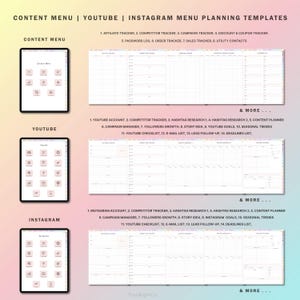 May include: A digital planner template for social media content planning. The template includes sections for YouTube and Instagram, with a list of content ideas and planning tools. The template is designed to help users plan and organize their social media content.
