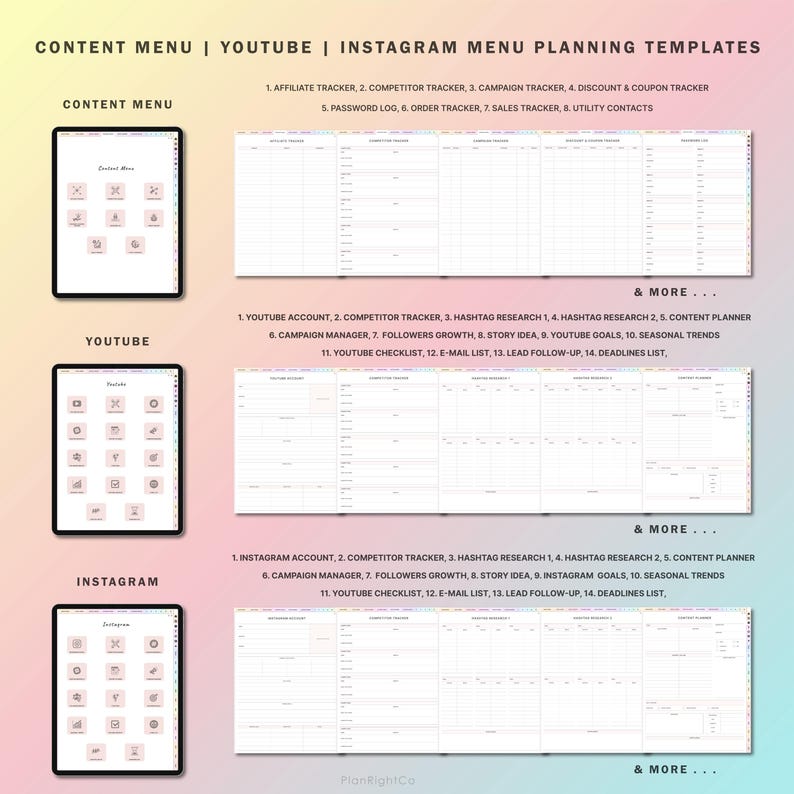 May include: A digital planner template for social media content planning. The template includes sections for YouTube and Instagram, with a list of content ideas and planning tools. The template is designed to help users plan and organize their social media content.