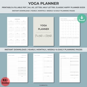 Puede incluir: Un planificador de yoga digital con páginas PDF imprimibles y rellenables. El planificador incluye páginas de planificación anual, mensual, semanal y diaria. La portada dice "YOGA PLANNER" y "Printable & Editable". Disponible en A4, A5, Letter y Half Letter.
