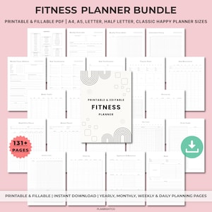 May include: A fitness planner bundle with printable and fillable PDF pages. The cover features the text "Printable & Editable Fitness Planner" with a black and white geometric design. Includes 131+ pages for yearly, monthly, weekly, and daily planning.