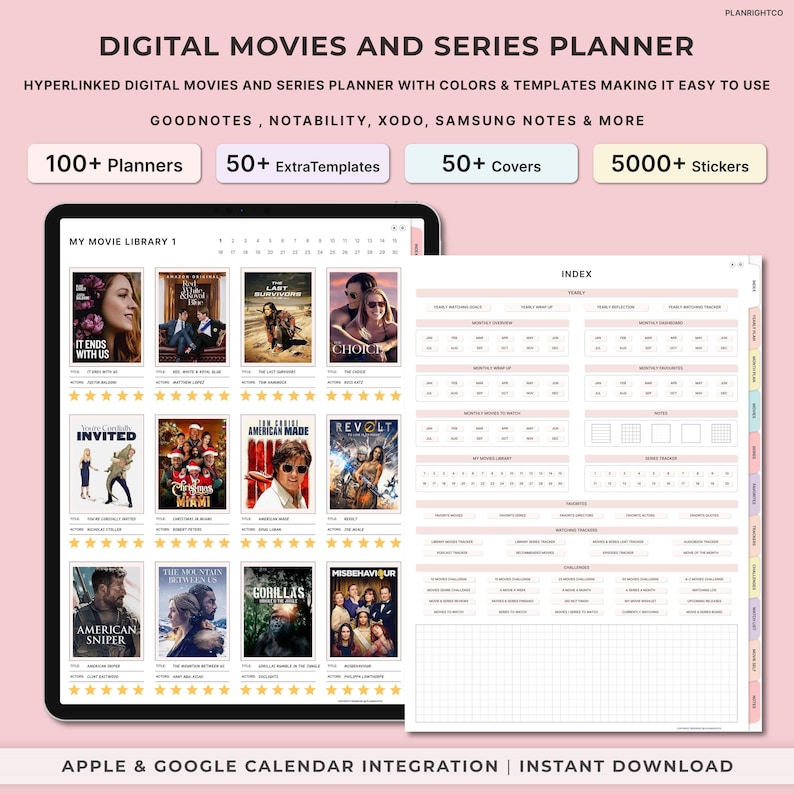 May include: A digital planner for movies and series with a pink and white color scheme. The planner includes a movie library, index, and tracker sections. The planner is compatible with Goodnotes, Notability, Xodo, Samsung Notes, and more. It also includes 100+ planners, 50+ extra templates, 50+ covers, and 5000+ stickers.