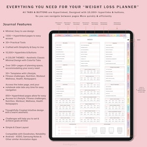 May include: A digital planner for weight loss with a pink and white colour scheme. The planner includes tabs for fitness, wellness, challenges, nutrition, notes, custom notes, and monthly pages. The planner is designed with 10,000+ hyperlinks and buttons for easy navigation.