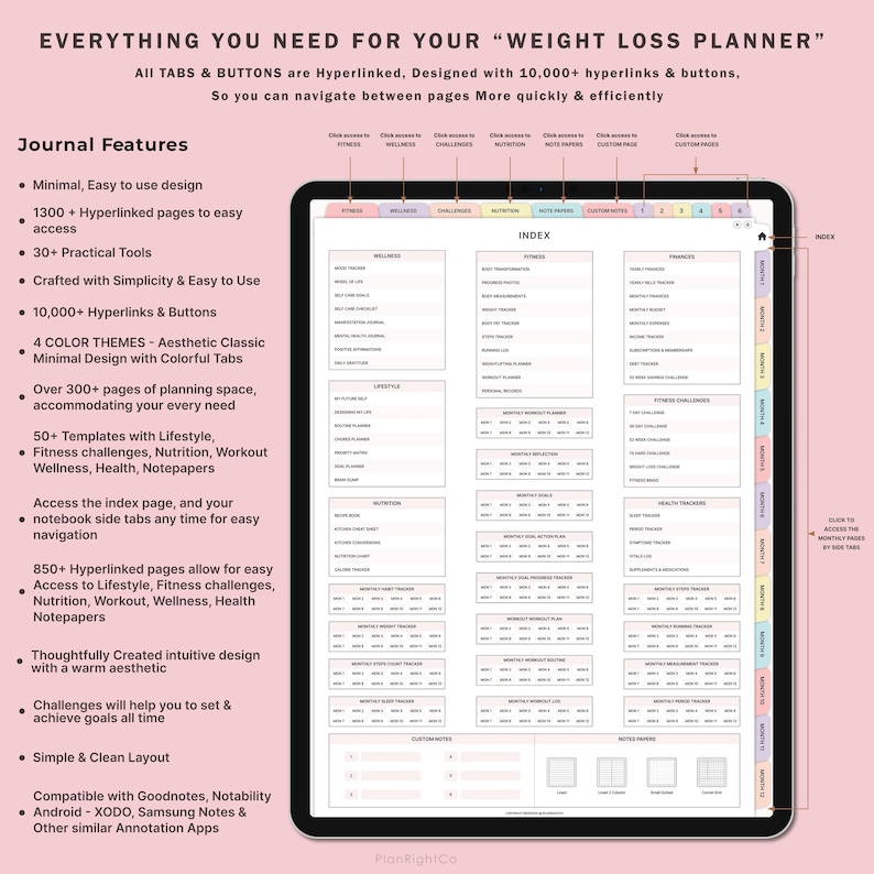 May include: A digital planner for weight loss with a pink and white colour scheme. The planner includes tabs for fitness, wellness, challenges, nutrition, notes, custom notes, and monthly pages. The planner is designed with 10,000+ hyperlinks and buttons for easy navigation.