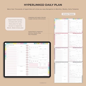 Op de afbeelding: Een digitale dagplanner met een hyperlinkkalender, die eenvoudige navigatie biedt naar maandelijkse, wekelijkse en dagelijkse sjablonen. De planner bevat dagelijkse plannen, toegang tot maand-, week- en dagplannen en is ge&iuml;ntegreerd met Apple en Google Calendar. Vier kleurenthema's worden weergegeven.