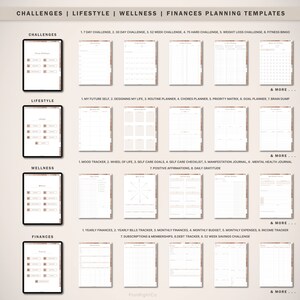 Op de afbeelding: Digitale planning templates voor uitdagingen, levensstijl, wellness en financi&euml;n. Inclusief 7-daagse challenge, routineplanner, mood tracker en jaarlijkse financi&euml;n. De templates worden weergegeven op tablets met een neutraal kleurenschema.