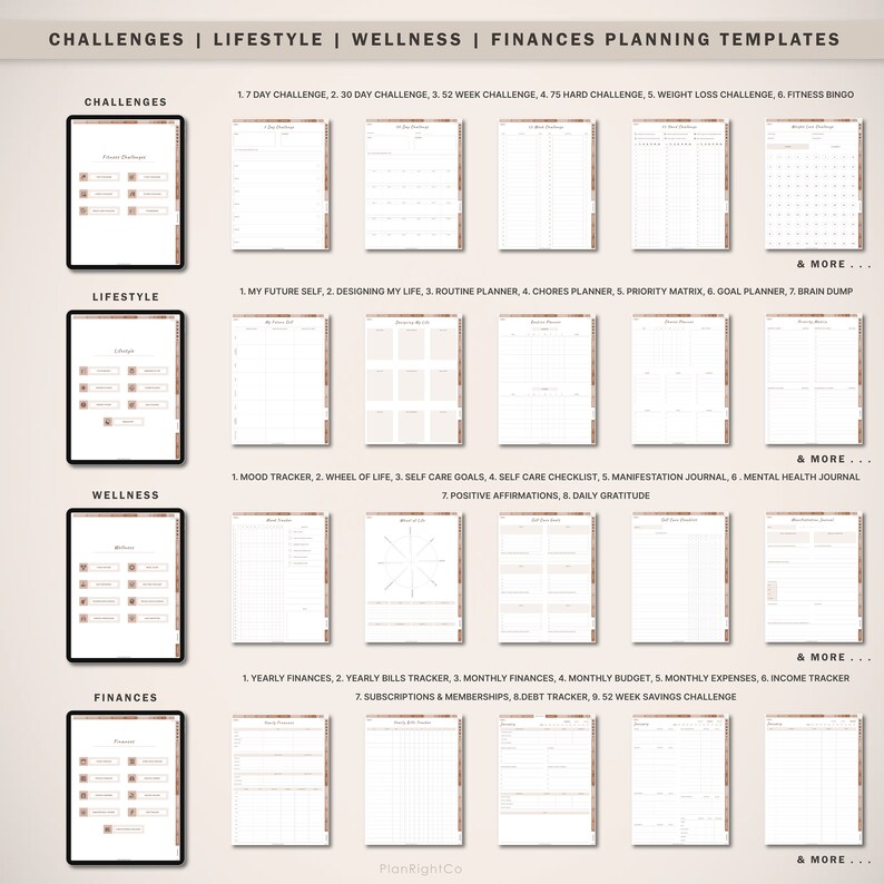 Op de afbeelding: Digitale planning templates voor uitdagingen, levensstijl, wellness en financi&euml;n. Inclusief 7-daagse challenge, routineplanner, mood tracker en jaarlijkse financi&euml;n. De templates worden weergegeven op tablets met een neutraal kleurenschema.